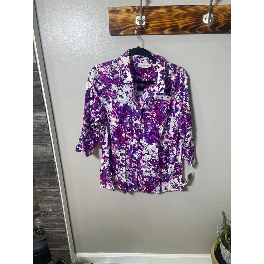 Breckenridge Woman Purple Abstract Brushstroke Button Front 3/4 Sleeve Blouse 1X